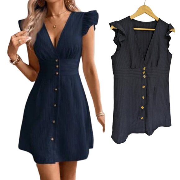 LAST CALL//Ruffled Cap Sleeve Fit & Flare Striped Navy Dress Button Up by Shein - Picture 2 of 9